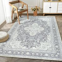 Ionia IO-51 Washable Non-Slip Traditional Medallion Charcoal Blue Area Rug