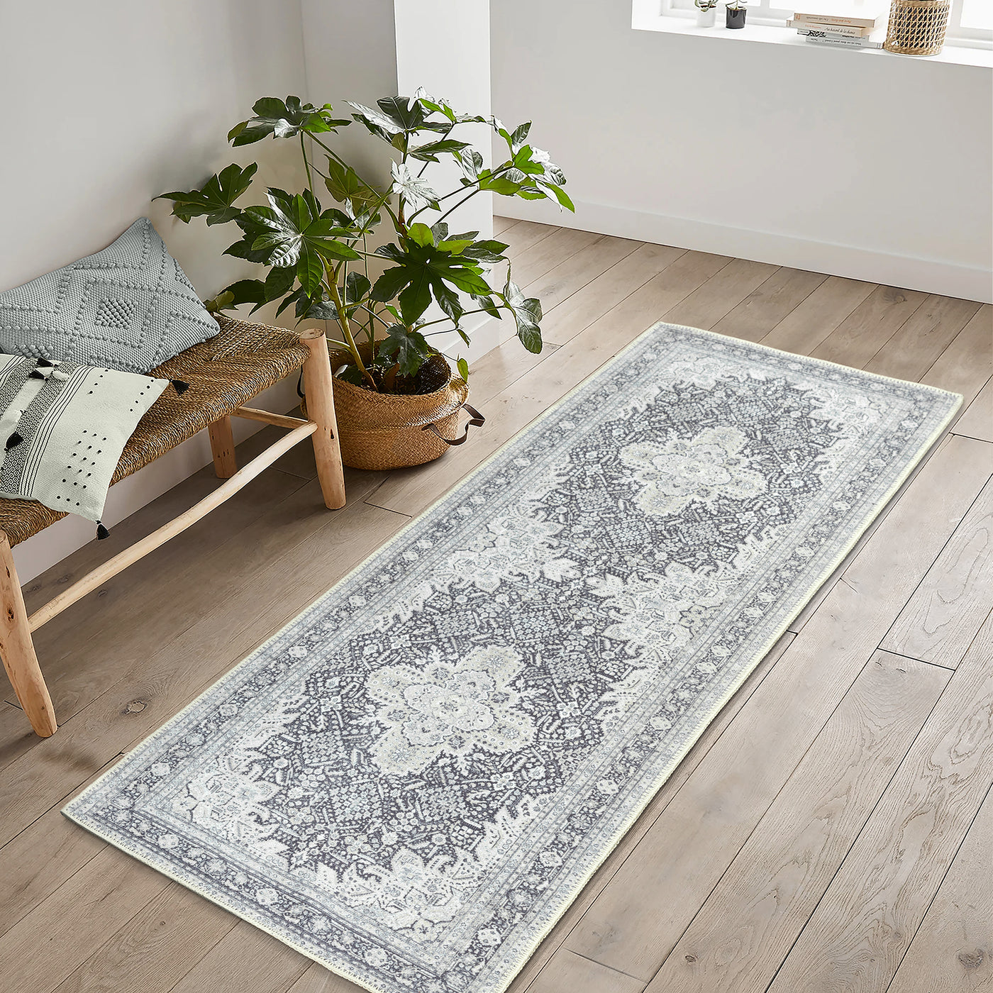 Ionia IO-51 Washable Non-Slip Traditional Medallion Charcoal Blue Area Rug