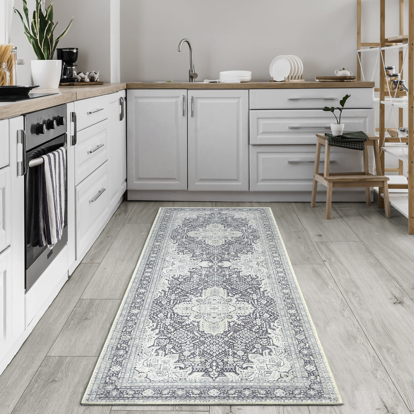 Ionia IO-51 Washable Non-Slip Traditional Medallion Charcoal Blue Area Rug