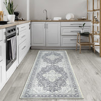Ionia IO-51 Washable Non-Slip Traditional Medallion Charcoal Blue Area Rug