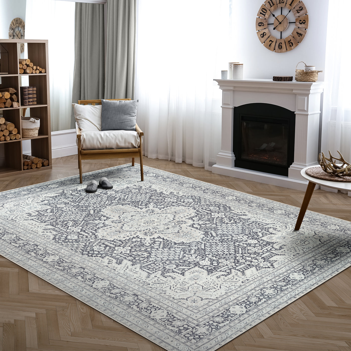 Ionia IO-51 Washable Non-Slip Traditional Medallion Charcoal Blue Area Rug