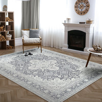 Ionia IO-51 Washable Non-Slip Traditional Medallion Charcoal Blue Area Rug