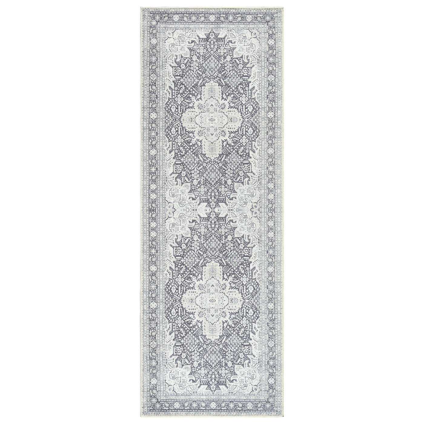 Ionia IO-51 Washable Non-Slip Traditional Medallion Charcoal Blue Area Rug