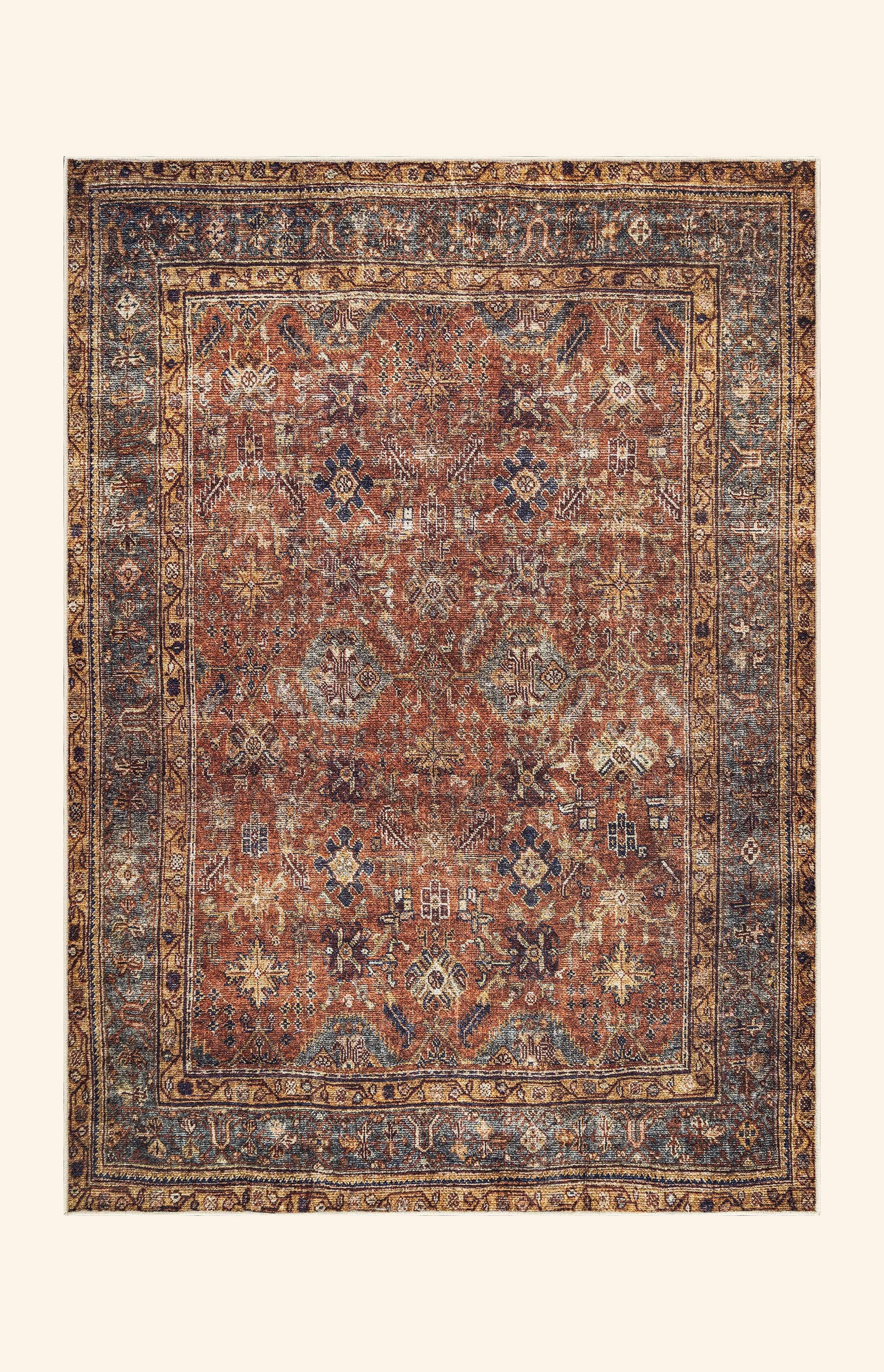 Washable Non-Slip Traditional Persian Terracotta and Mustard Area