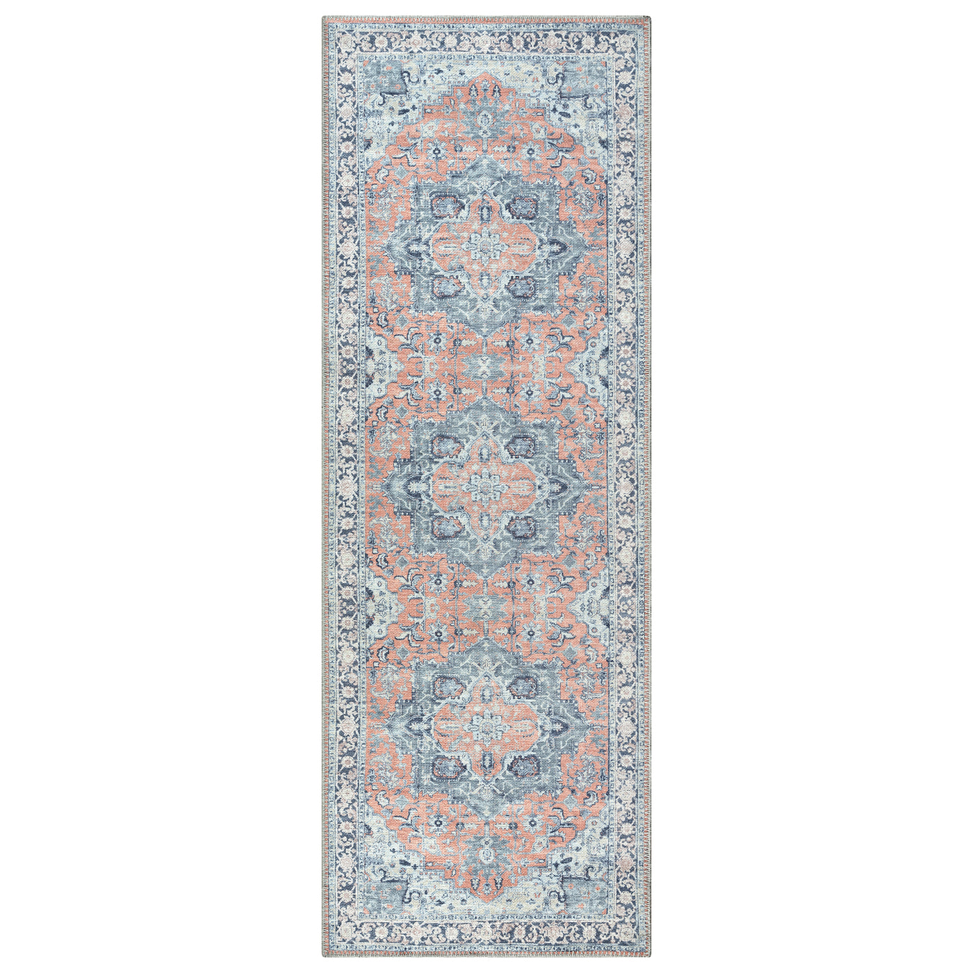 Ionia IO-14 Traditional Medallion Coral and Blue Washable Rug | Non-Slip