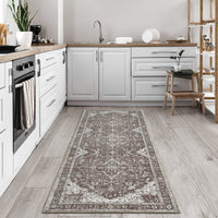 Ionia IO-14 Traditional Medallion Dark Brown Washable Rug | Non-Slip