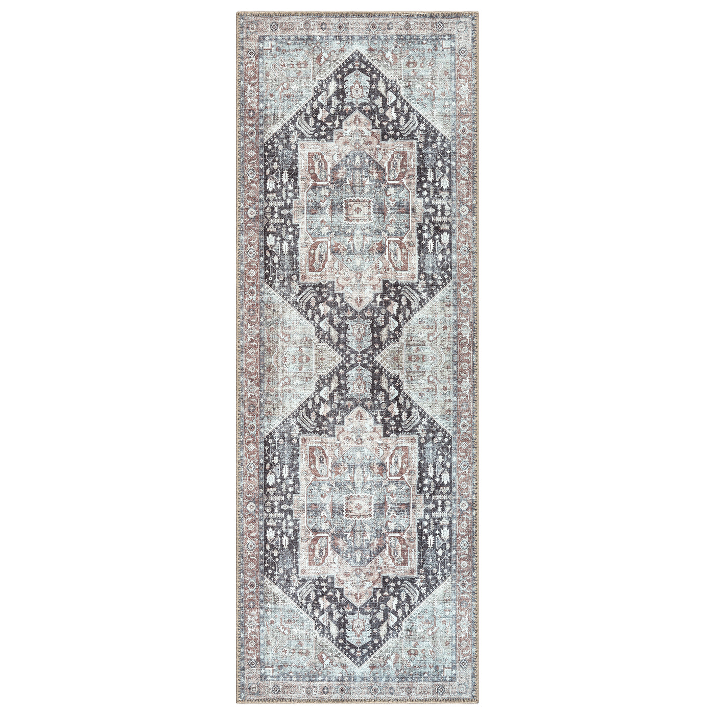 Ionia IO-59 Traditional Medallion Charcoal and Brown Washable Rug | Non-Slip