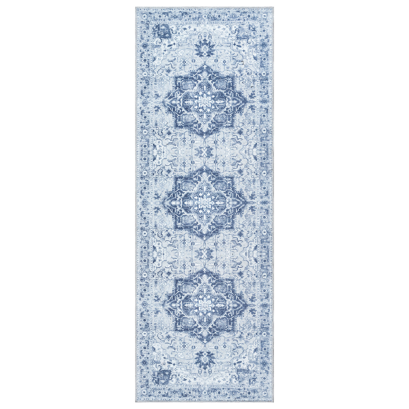 Ionia IO-14 Traditional Medallion Blue and Grey Washable Rug | Non-Slip