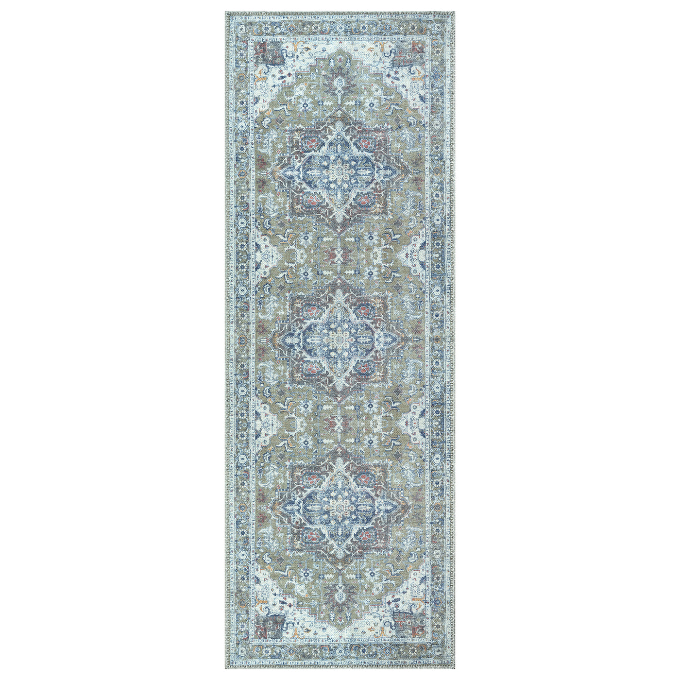 Ionia IO-14 Traditional Medallion Green Washable Rug | Non-Slip