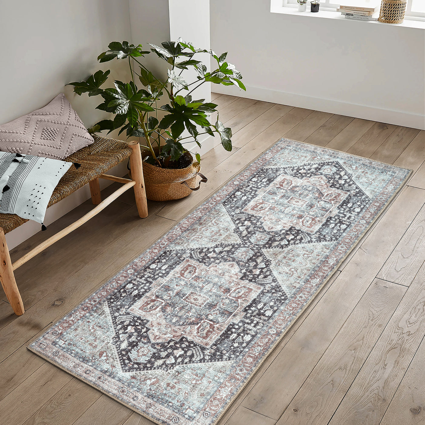 Ionia IO-59 Traditional Medallion Charcoal and Brown Washable Rug | Non-Slip