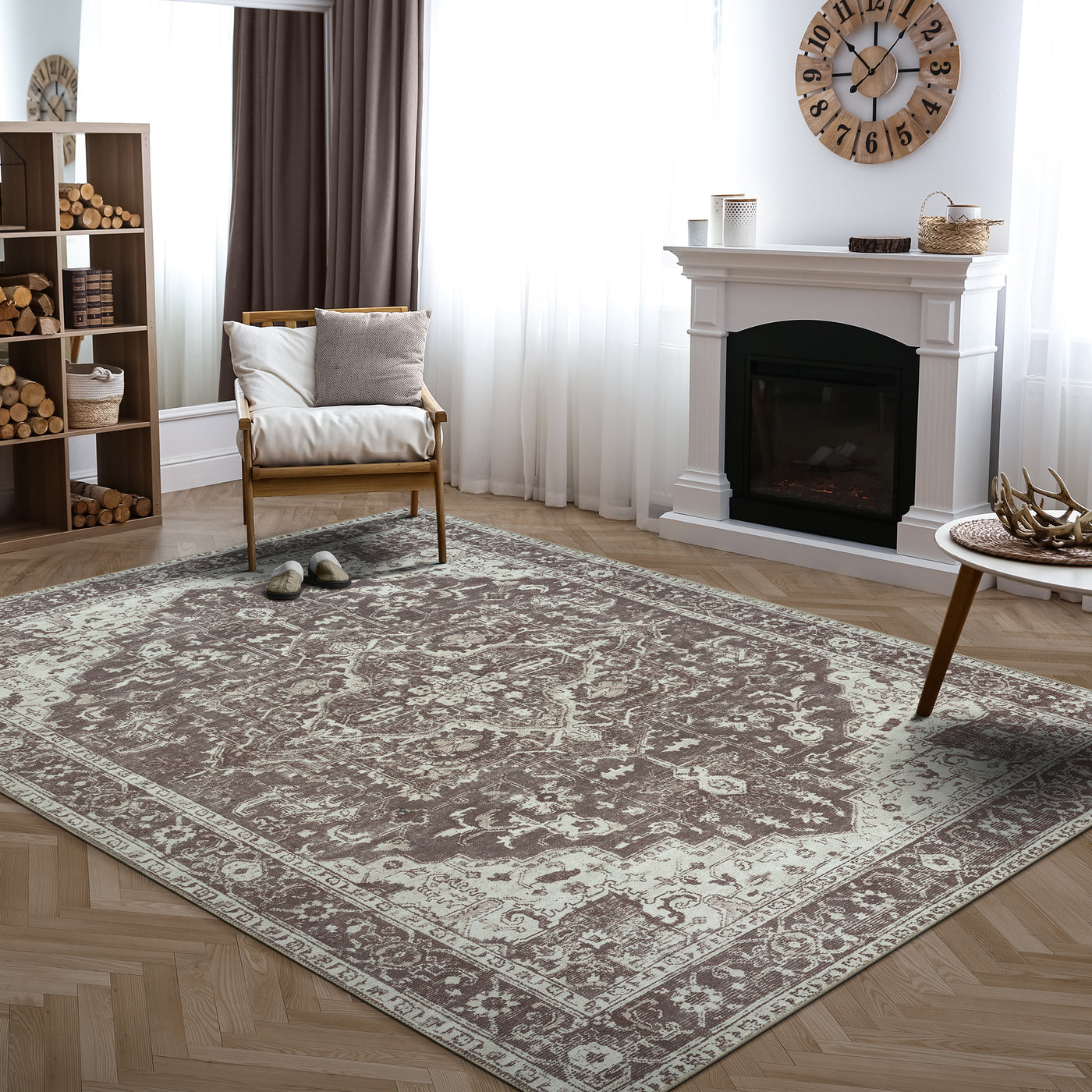 Ionia IO-14 Traditional Medallion Dark Brown Washable Rug | Non-Slip