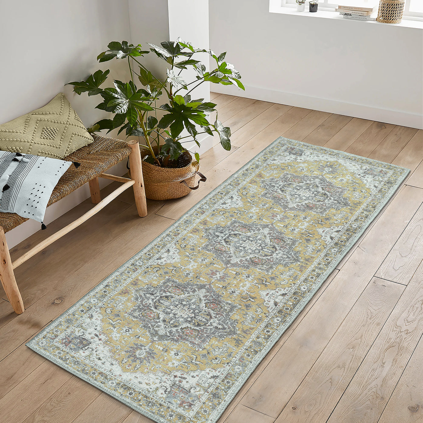 Ionia IO-14 Traditional Medallion Yellow Washable Rug | Non-Slip