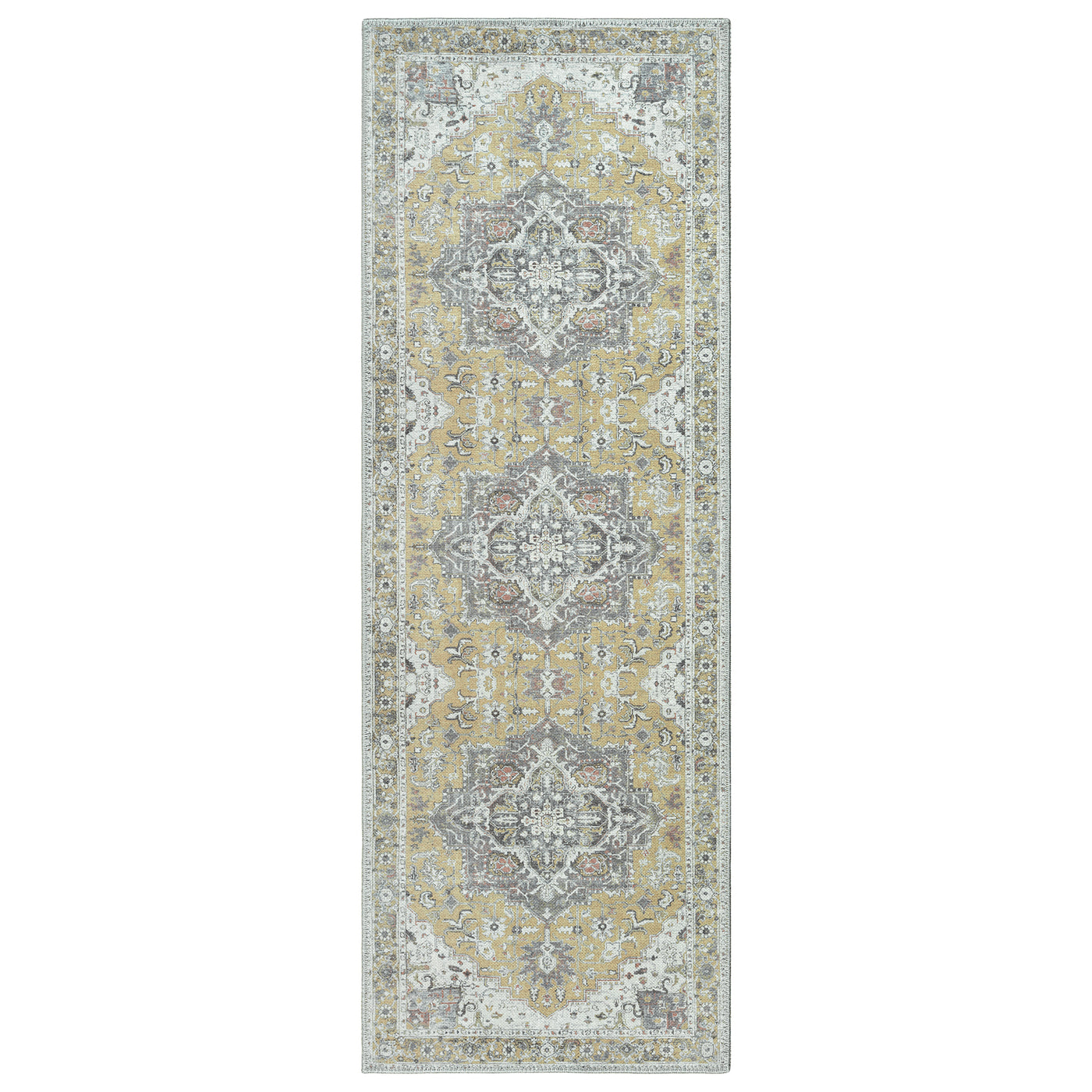 Ionia IO-14 Traditional Medallion Yellow Washable Rug | Non-Slip