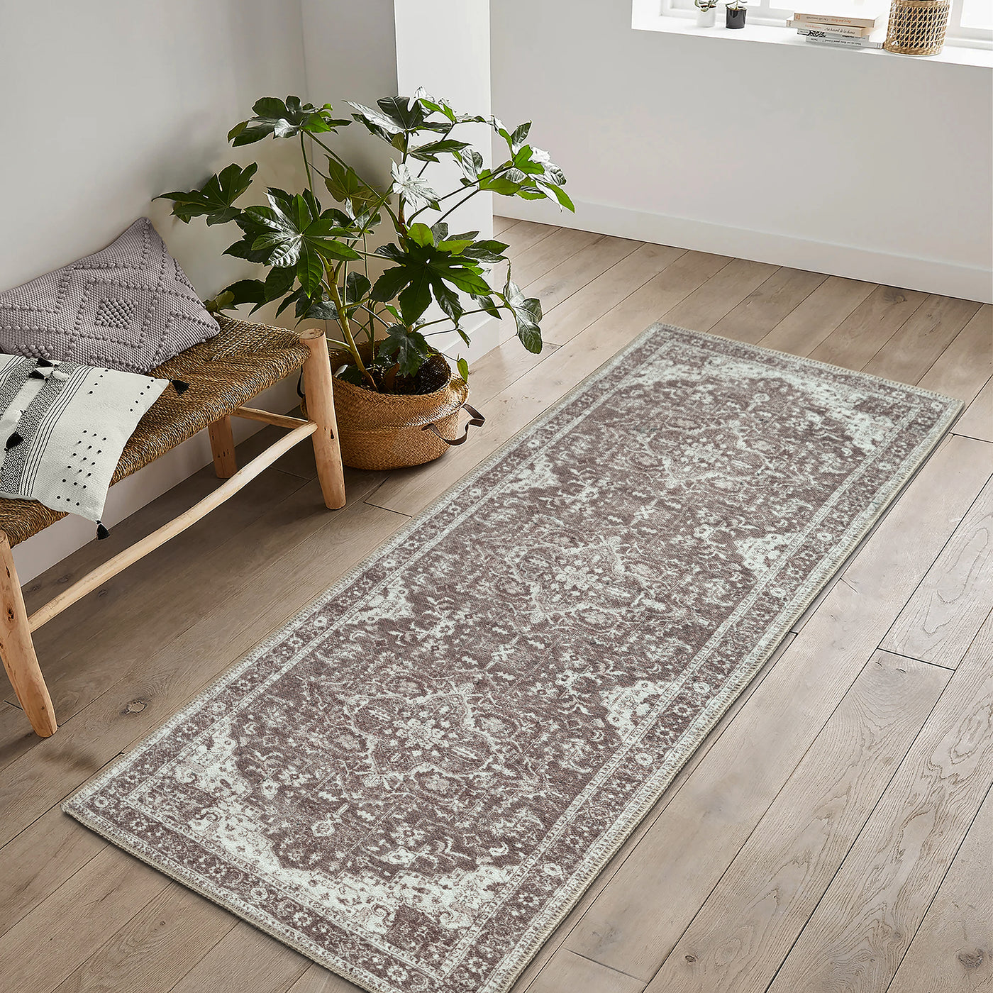 Ionia IO-14 Traditional Medallion Dark Brown Washable Rug | Non-Slip