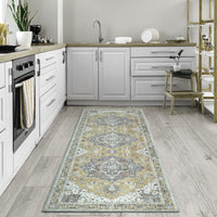 Ionia IO-14 Traditional Medallion Yellow Washable Rug | Non-Slip
