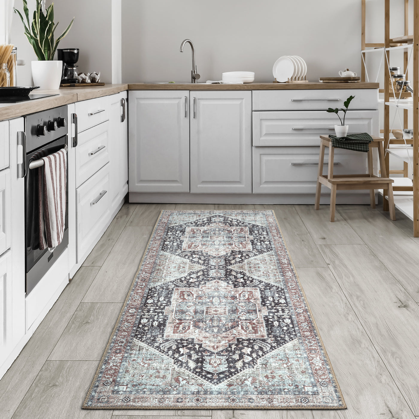 Ionia IO-59 Traditional Medallion Charcoal and Brown Washable Rug | Non-Slip