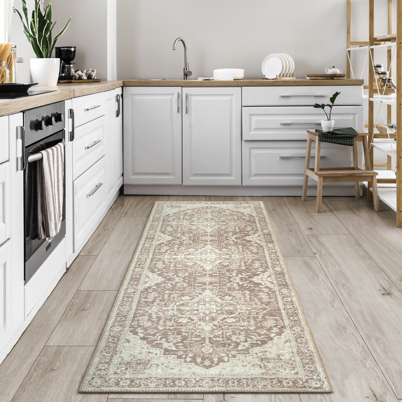 Ionia IO-14 Traditional Medallion Light Brown Washable Rug | Non-Slip
