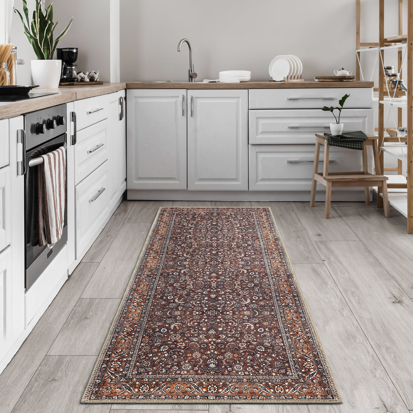 Ionia IO-63 Traditional Bordered Dark Brown and Orange Rug
