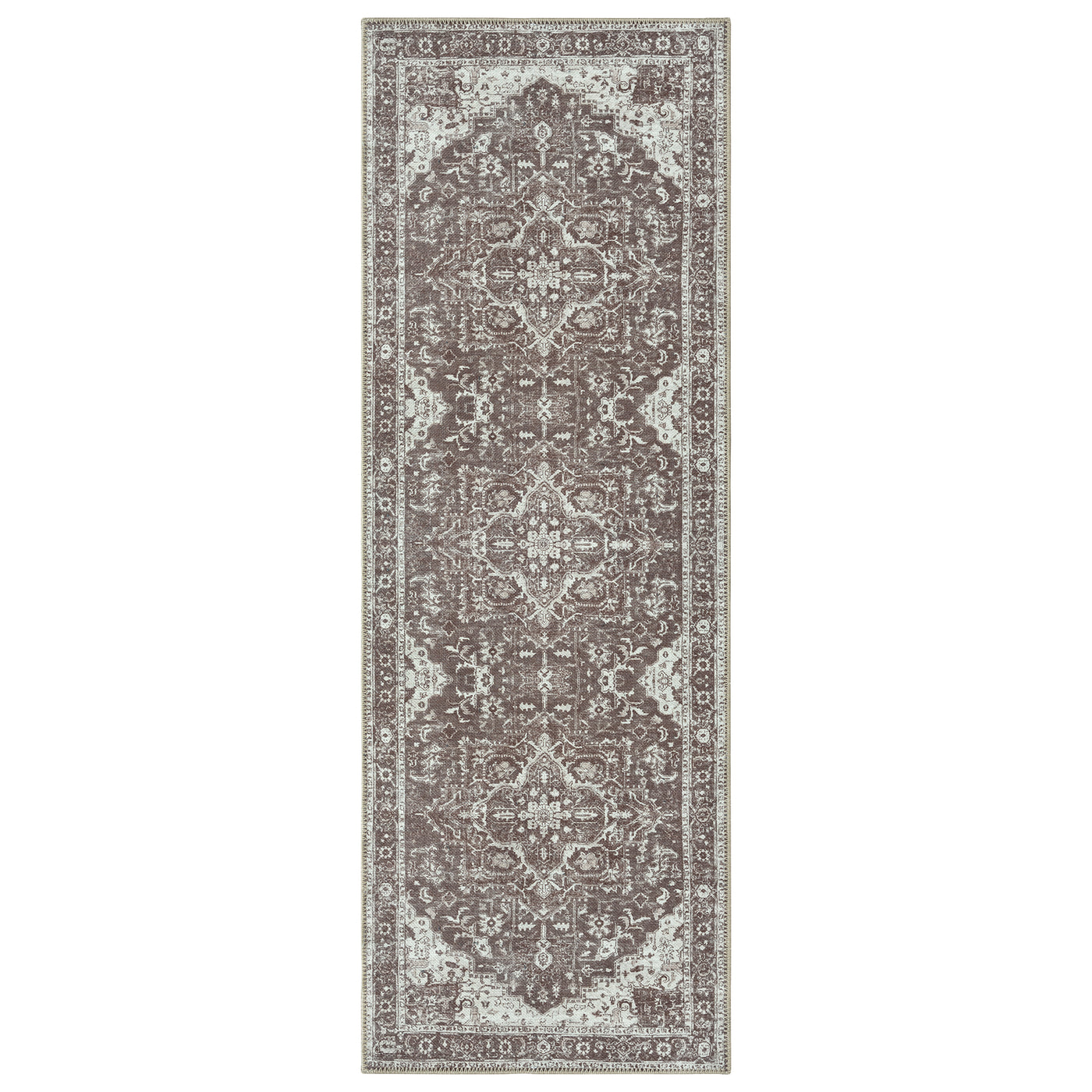 Ionia IO-14 Traditional Medallion Dark Brown Washable Rug | Non-Slip