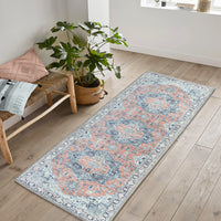 Ionia IO-14 Traditional Medallion Coral and Blue Washable Rug | Non-Slip