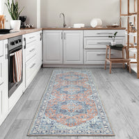 Ionia IO-14 Traditional Medallion Coral and Blue Washable Rug | Non-Slip