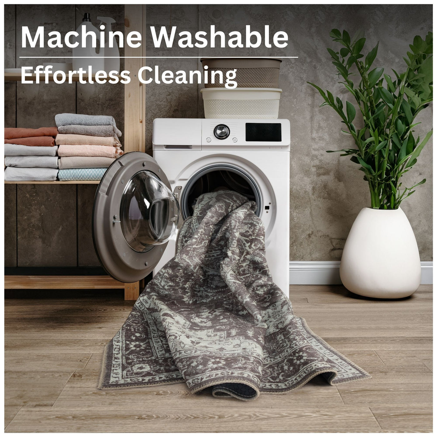 Ionia IO-14 Traditional Medallion Dark Brown Washable Rug | Non-Slip