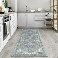Ionia IO-14 Traditional Medallion Green Washable Rug | Non-Slip