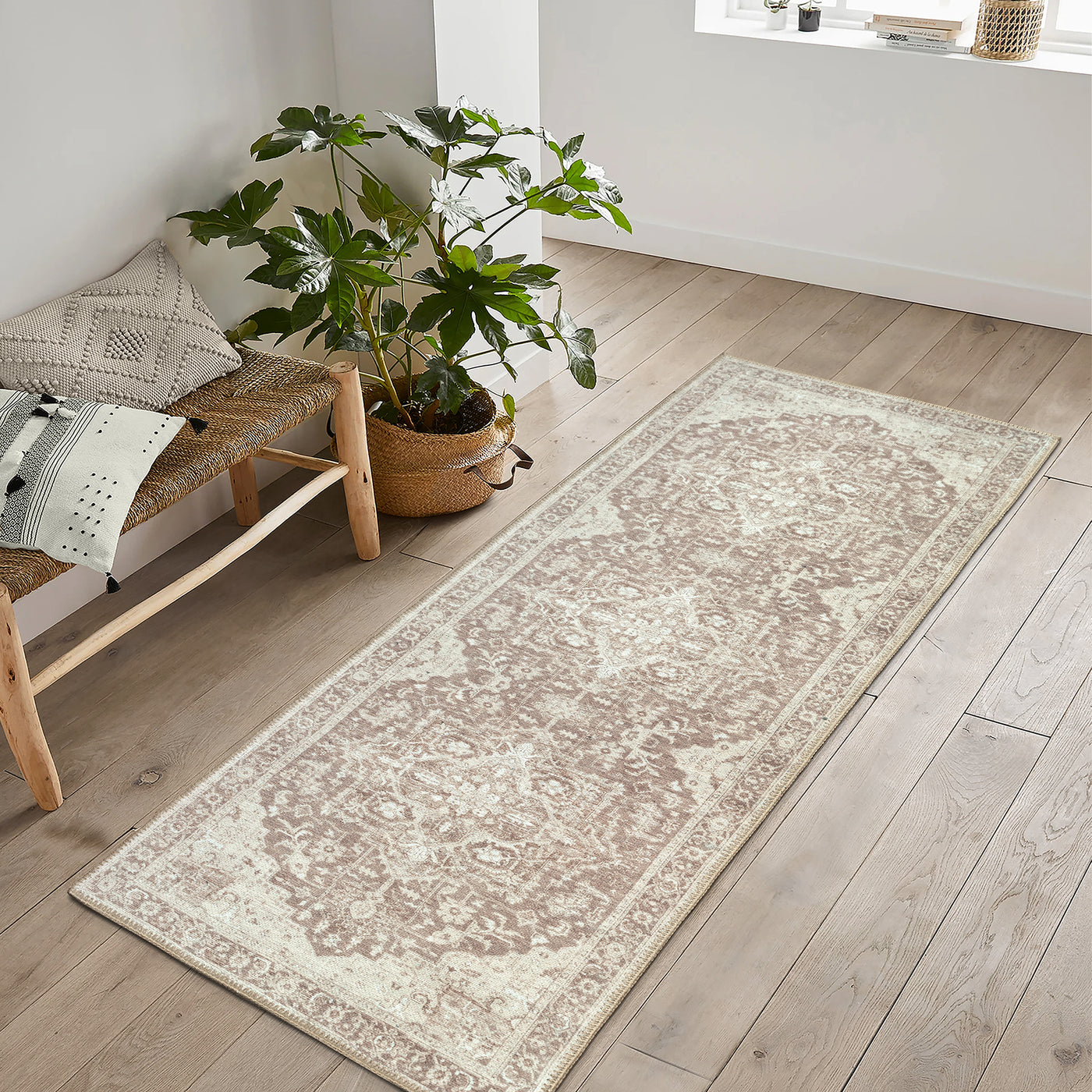Ionia IO-14 Traditional Medallion Light Brown Washable Rug | Non-Slip