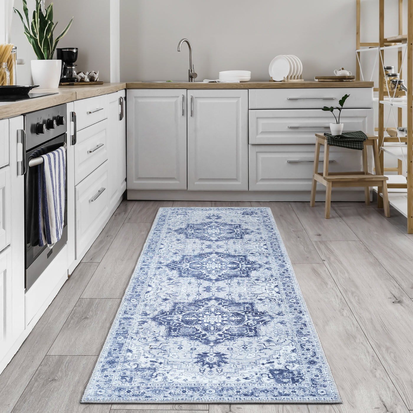 Ionia IO-14 Traditional Medallion Blue and Grey Washable Rug | Non-Slip