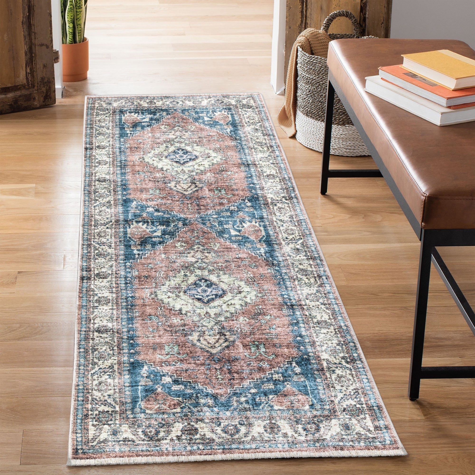 Bloom Rugs Caria Washable Non-Slip 7 ft Runner - Terracotta/Blue Traditional Runner for Entryway, Hallway, Bathroom, and Kitchen - Exact Size: 2'6 x 7 Bloom Rugs Caria Washable Non-Slip 7 ft Runner - Terracotta/Blue Traditional Runner for Entryway, Hallway, Bathroom, and Kitchen - Exact Size: 2'6 x 7