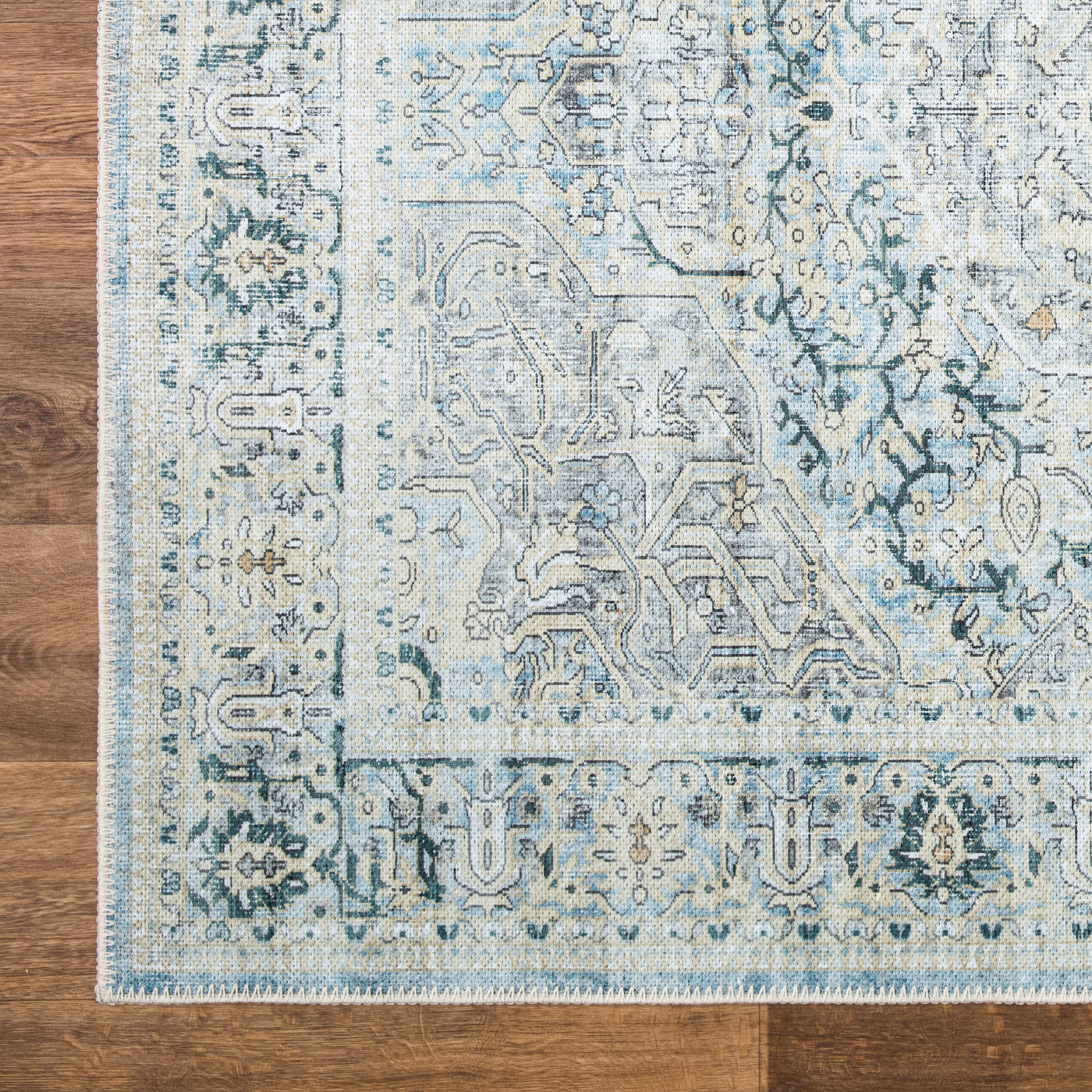 Ionia IO-43 Traditional Medallion Cream Light Blue Teal Rug