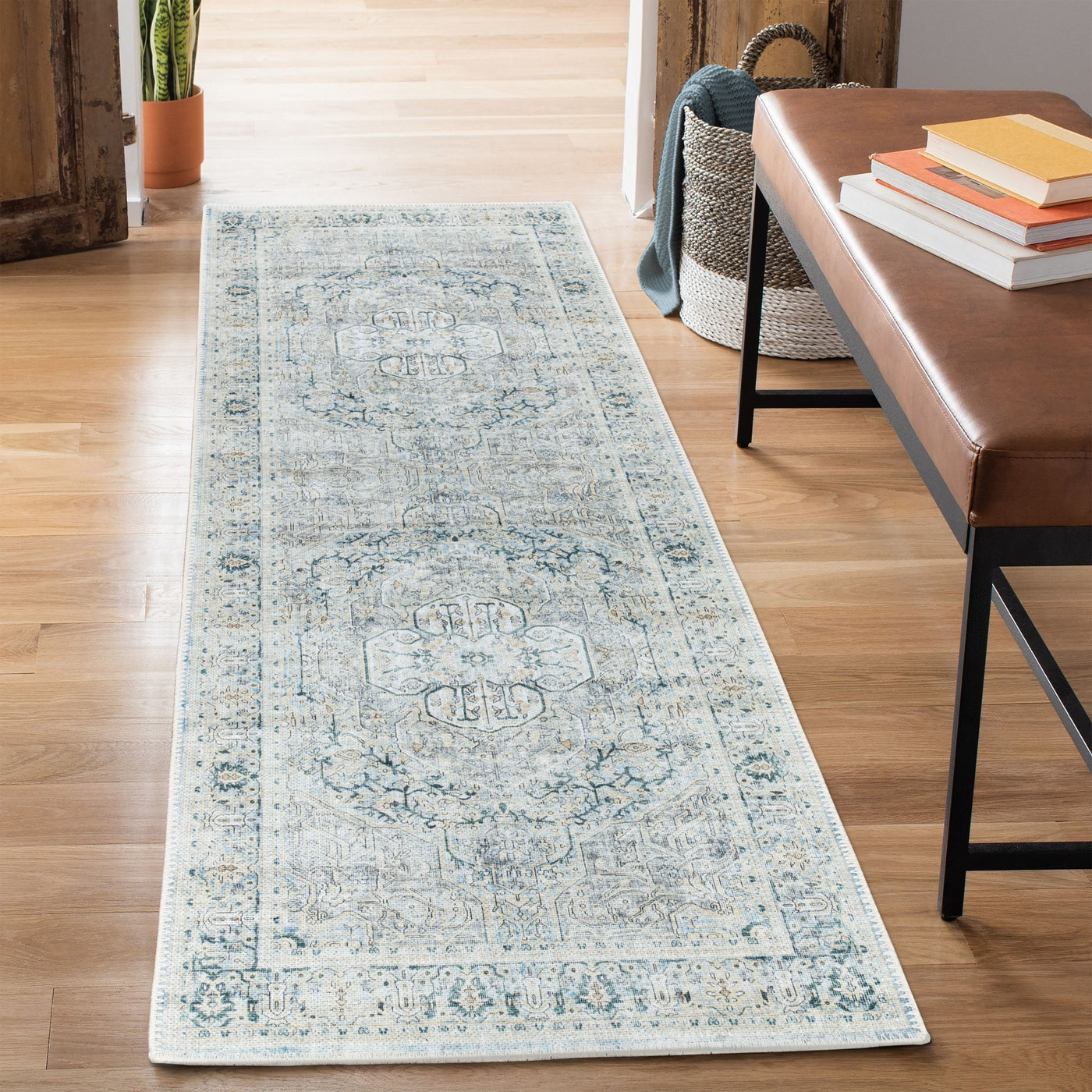Ionia IO-43 Traditional Medallion Cream Light Blue Teal Rug