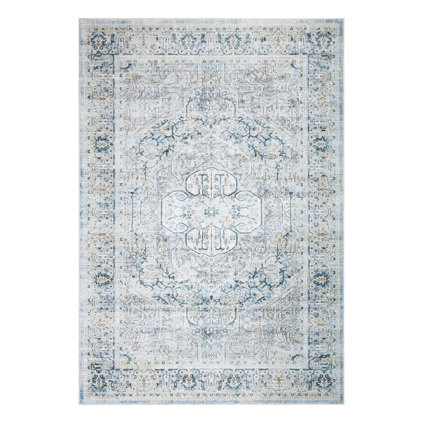 Ionia IO-43 Traditional Medallion Cream Light Blue Teal Rug