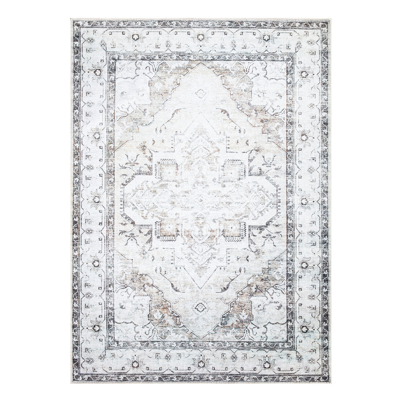 Ionia IO-35 Traditional Washable Rug | Brown/Beige/Charcoal | Non-Slip