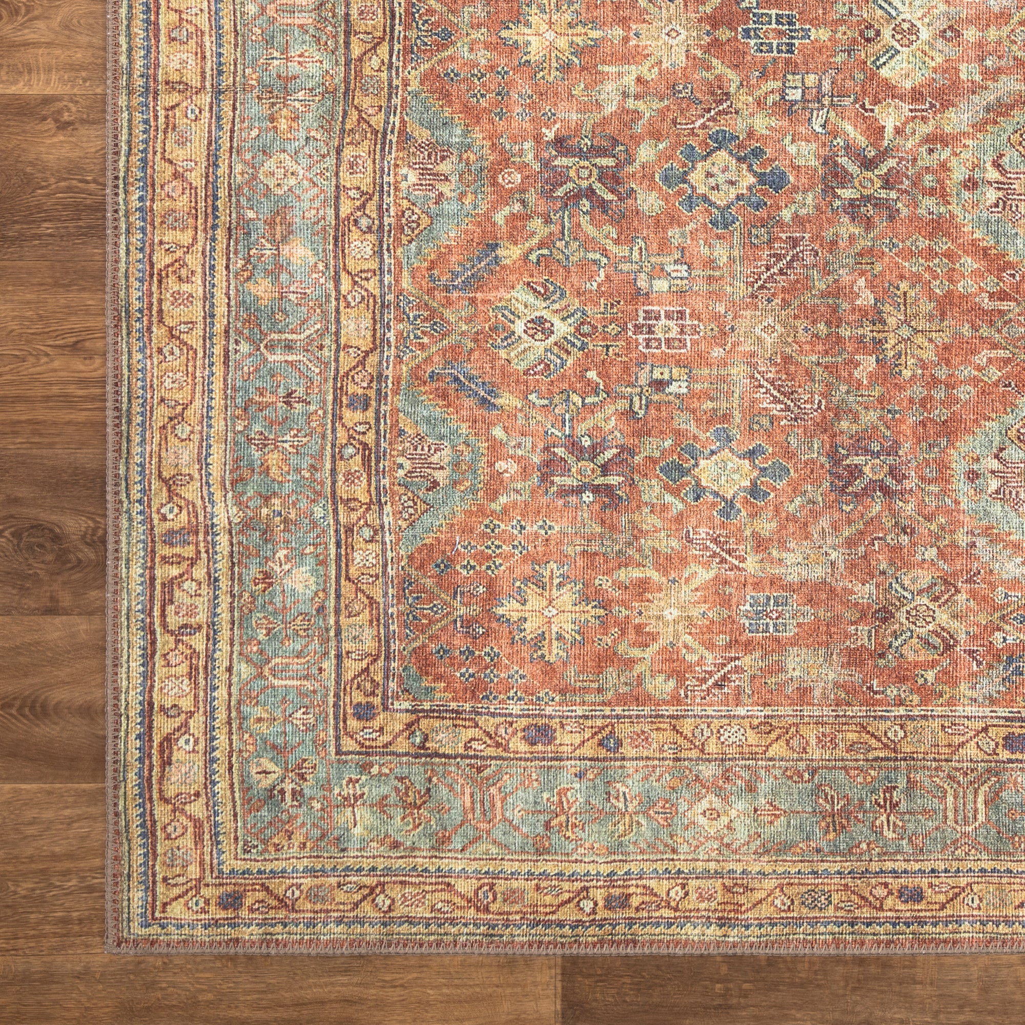 Washable Non-Slip Traditional Persian Terracotta and Mustard Area Rugs ...