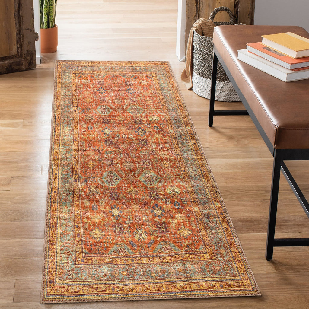 Washable Non-Slip Traditional Persian Terracotta and Mustard Area Rugs ...
