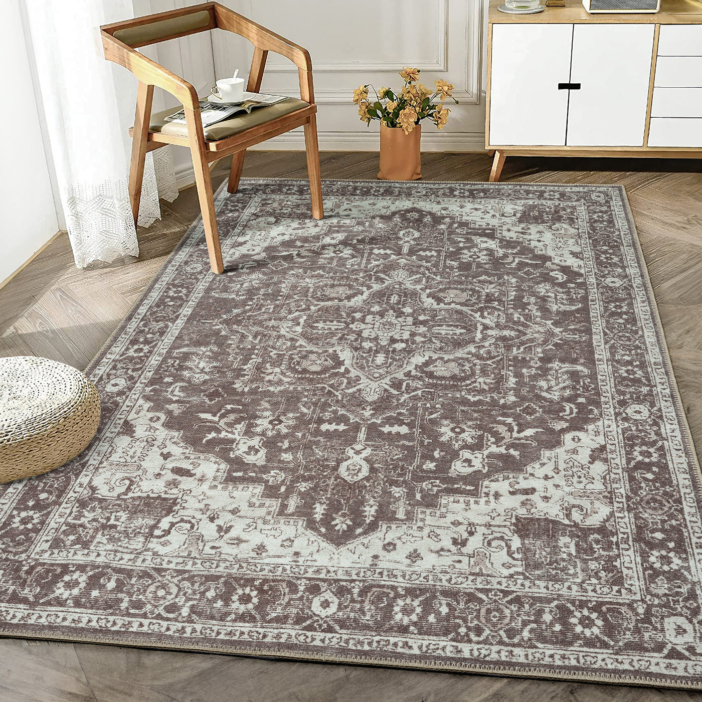 Ionia IO-14 Traditional Medallion Dark Brown Washable Rug | Non-Slip