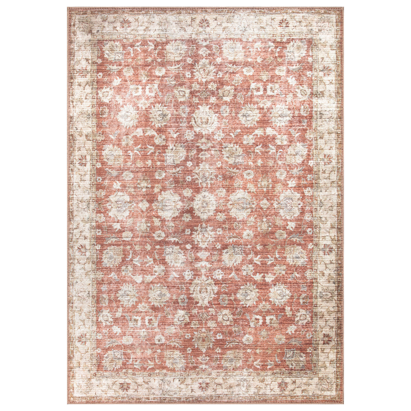 Ionia IO-46 Washable Non-Slip Traditional Bordered Orange/Beige Area Rug