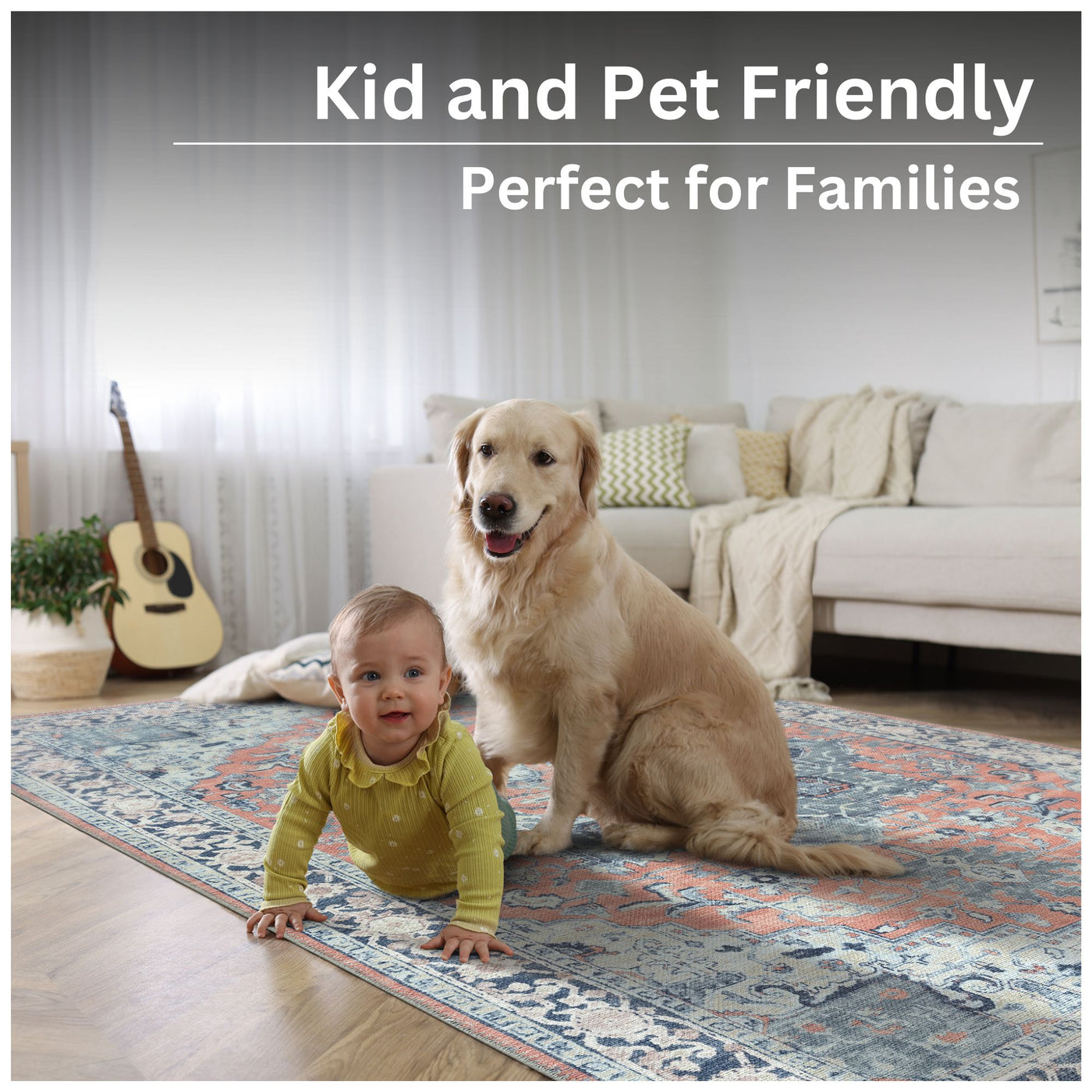 Ionia IO-14 Traditional Medallion Coral and Blue Washable Rug | Non-Slip