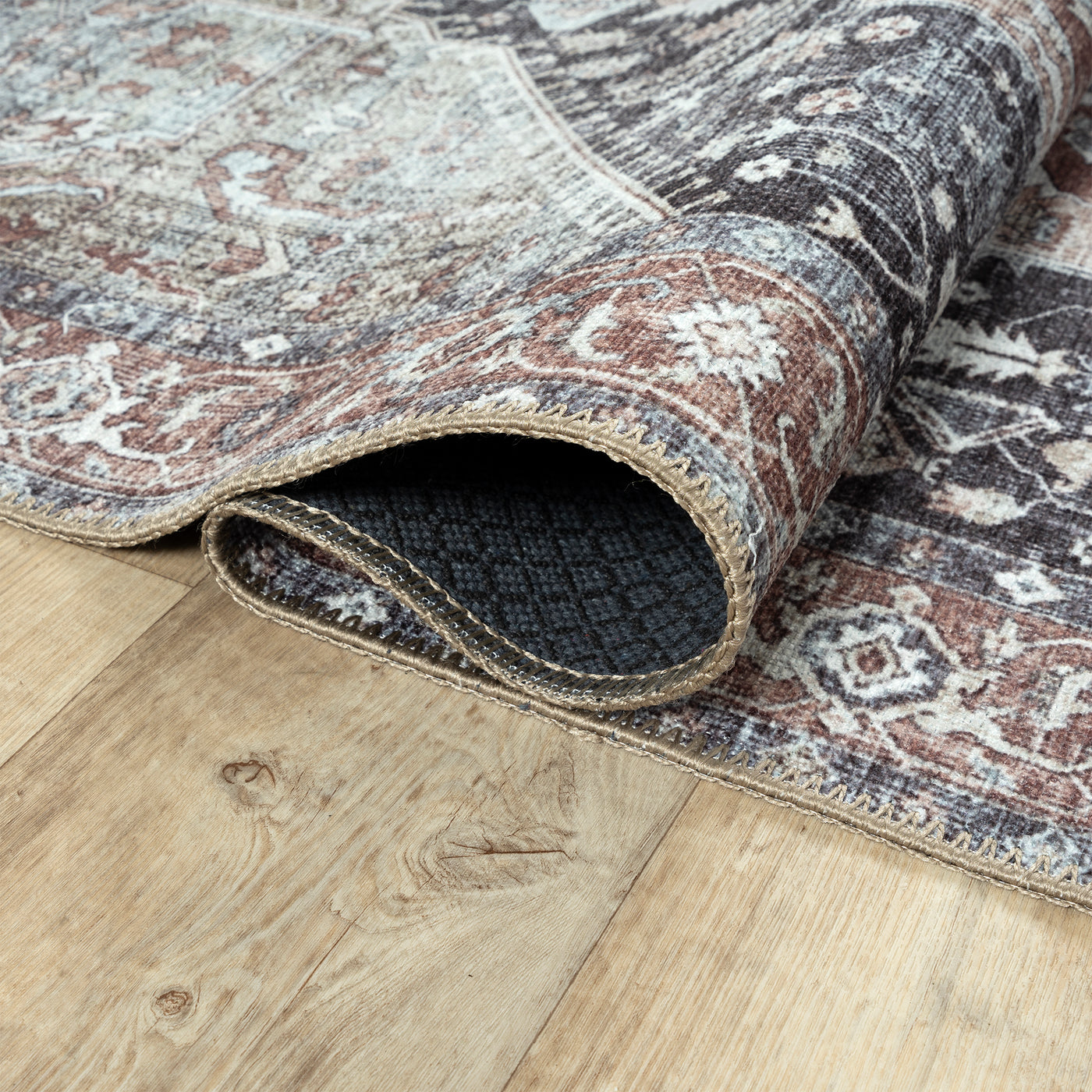 Ionia IO-59 Traditional Medallion Charcoal and Brown Washable Rug | Non-Slip