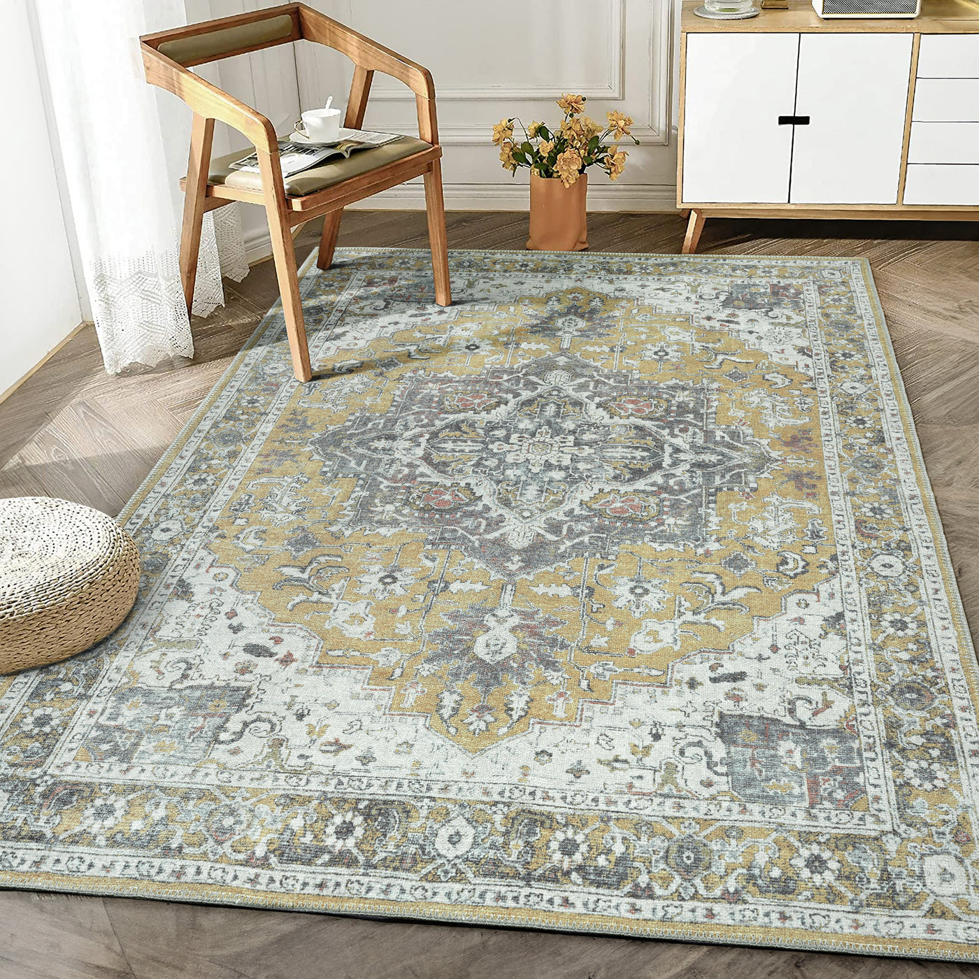 Ionia IO-14 Traditional Medallion Yellow Washable Rug | Non-Slip