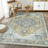 Ionia IO-14 Traditional Medallion Yellow Washable Rug | Non-Slip
