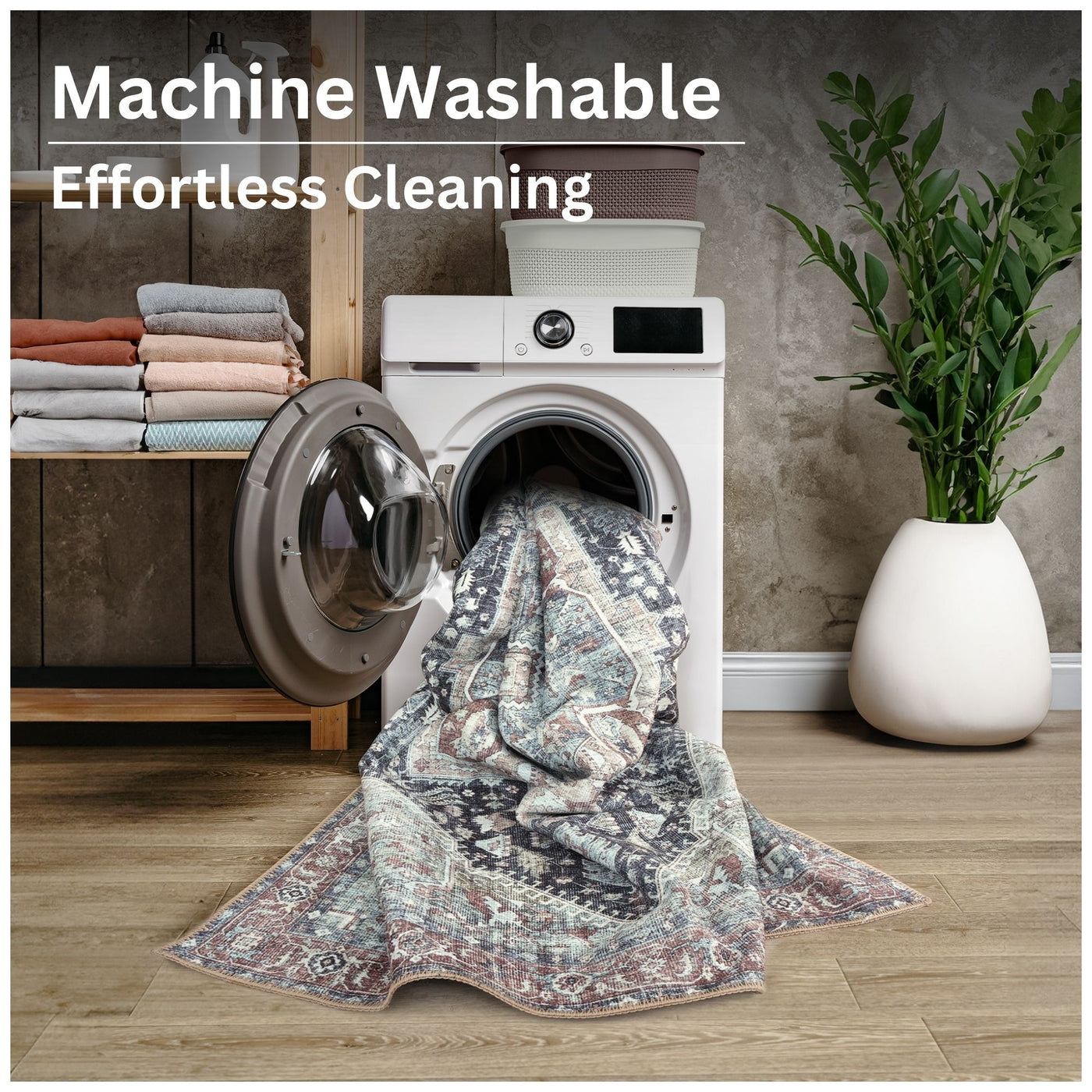 Ionia IO-59 Traditional Medallion Charcoal and Brown Washable Rug | Non-Slip