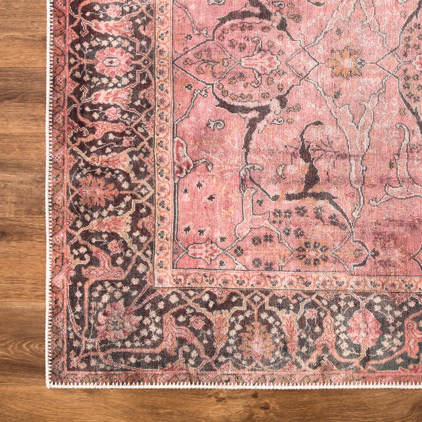 Ionia IO-49 Washable Non-Slip Traditional Bordered Soft Pink Area Rug
