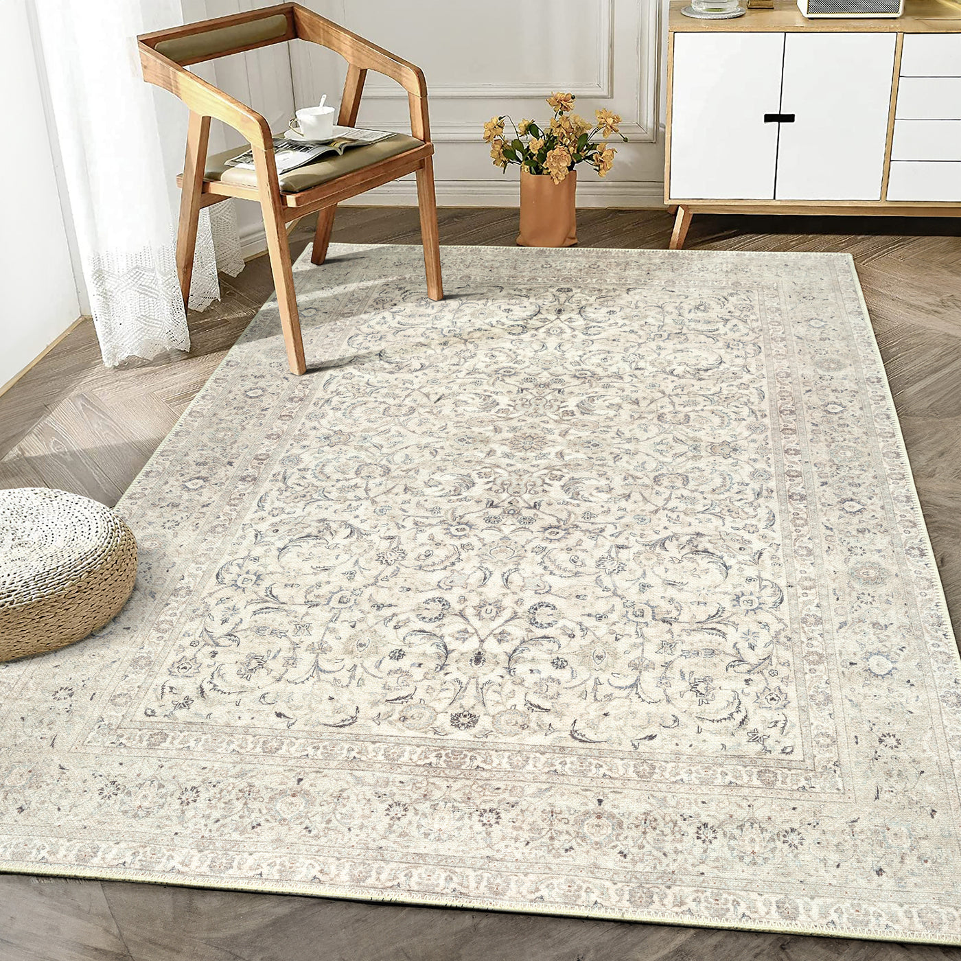 Ionia IO-39 Traditional Bordered Cream Washable Rug | Non-Slip