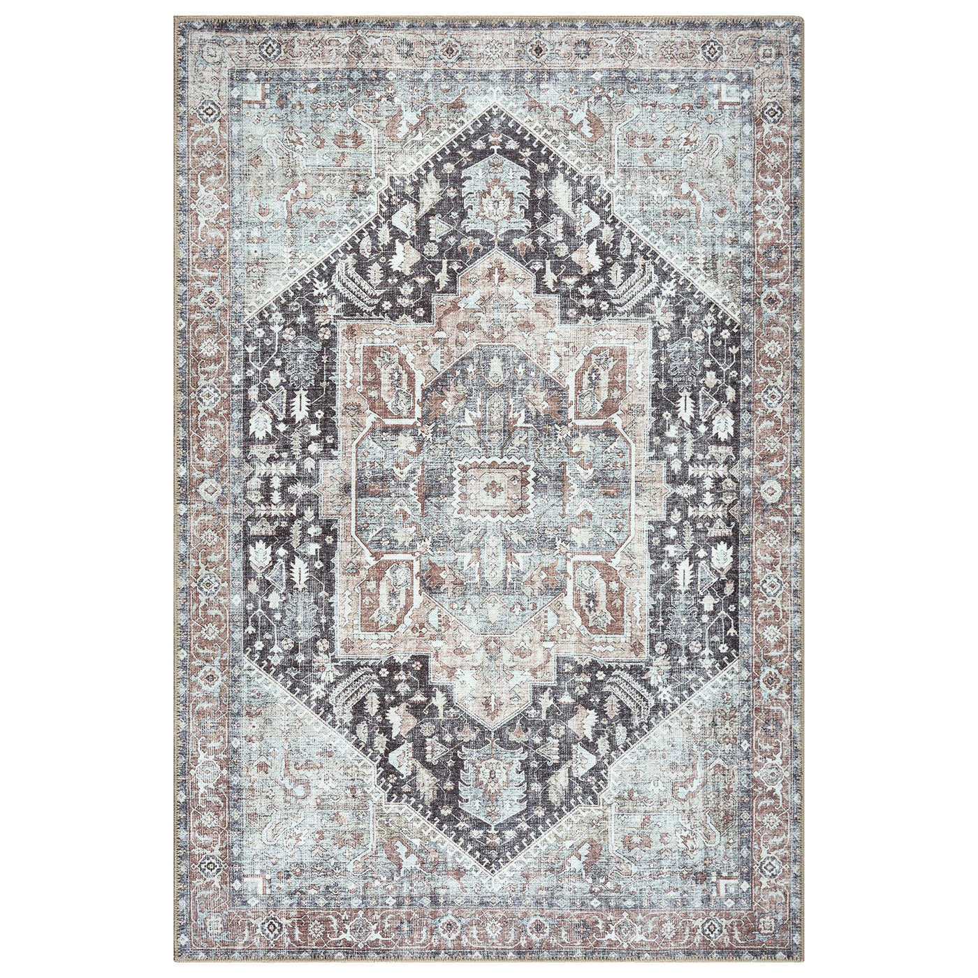 Ionia IO-59 Traditional Medallion Charcoal and Brown Washable Rug | Non-Slip