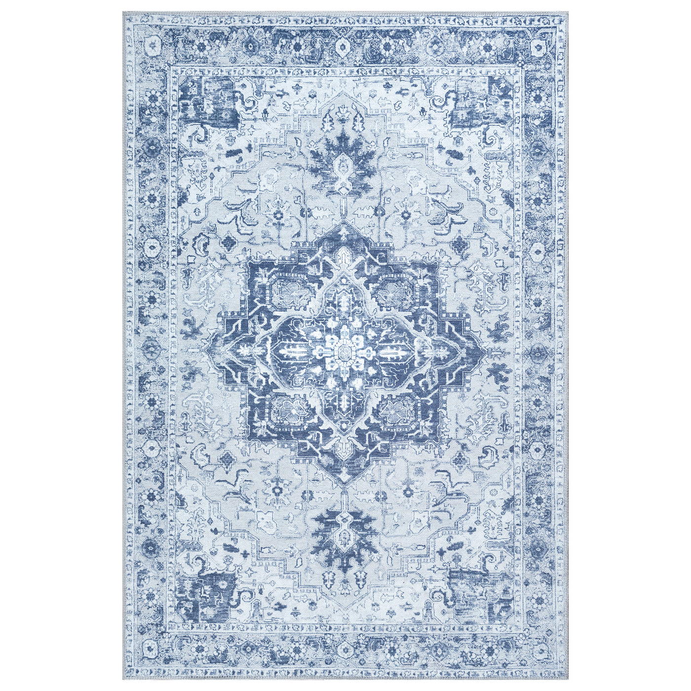 Ionia IO-14 Traditional Medallion Blue and Grey Washable Rug | Non-Slip
