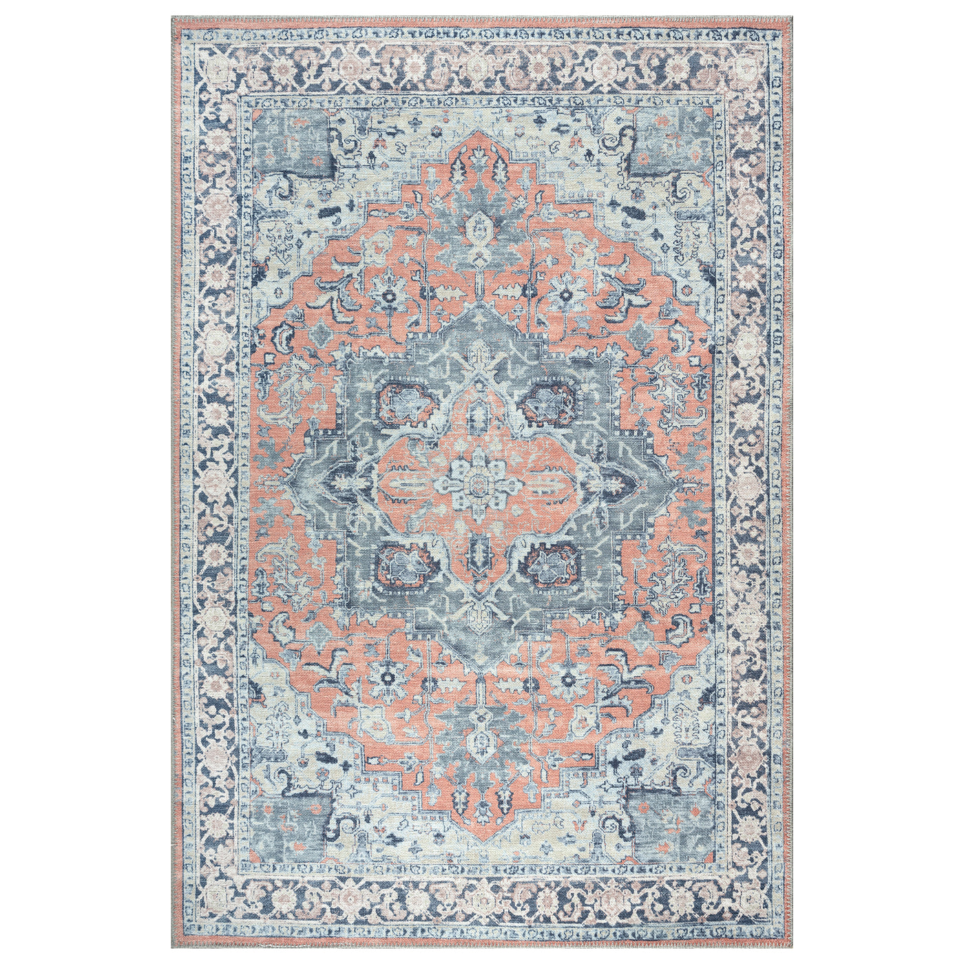 Ionia IO-14 Traditional Medallion Coral and Blue Washable Rug | Non-Slip
