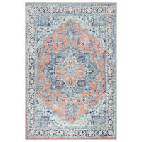 Ionia IO-14 Traditional Medallion Coral and Blue Washable Rug | Non-Slip