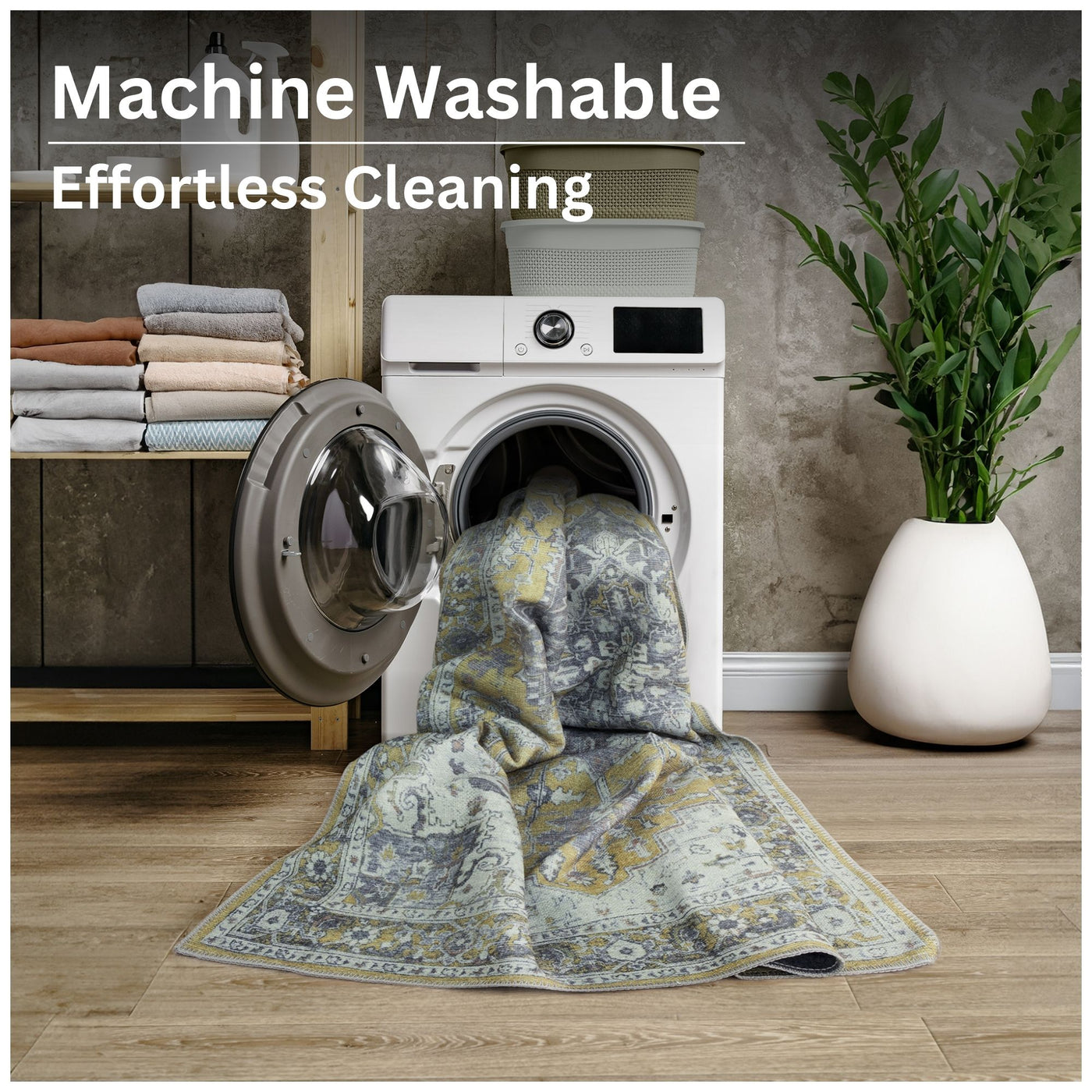 Ionia IO-14 Traditional Medallion Yellow Washable Rug | Non-Slip